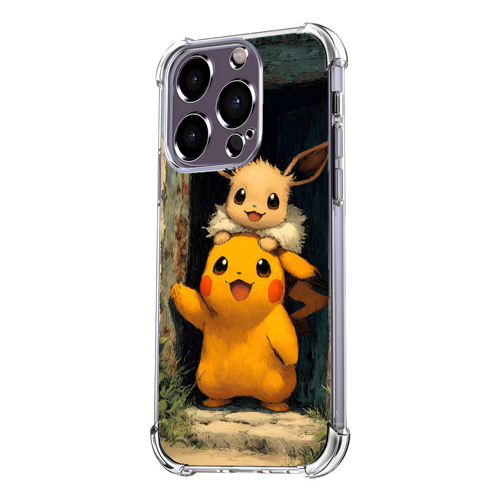 Capa Protetora à Prova de Choque com Design de Rostos Sorridentes do Pikachu e Eevee do Pokémon, adequada para iPhone.
