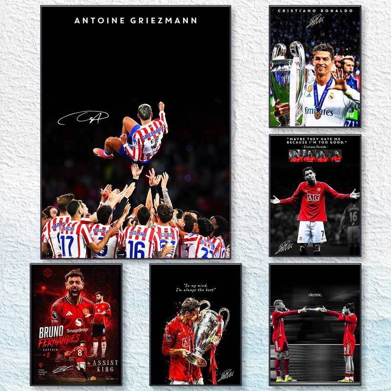 Futebol Superstar CR7 Bruno Fernandes Griezmann Assinatura Troféu Conjunto De Arte De Parede Esportes Em Tela