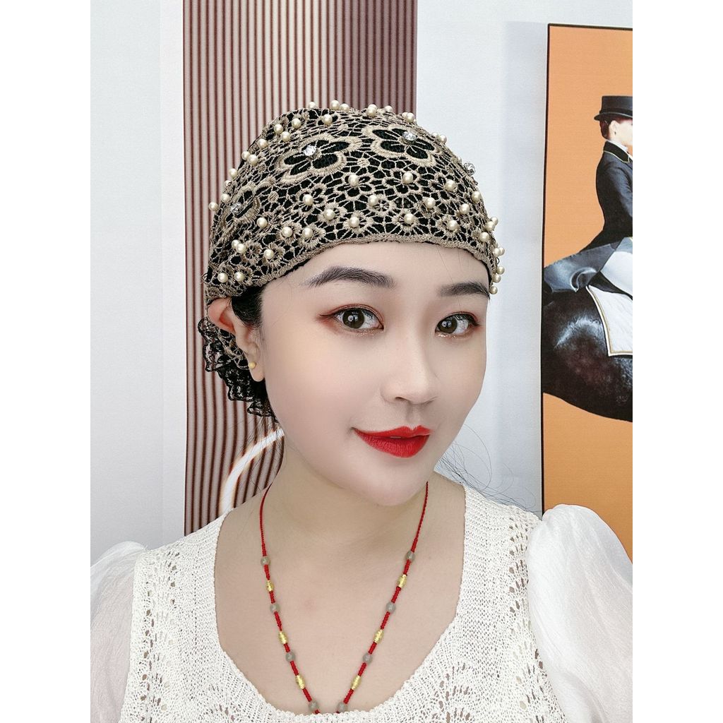 Novo estilo frisado bordado flor cabeça boné estilo ocidental idade-reduzindo boné de cabelo branco lenço boné influenci