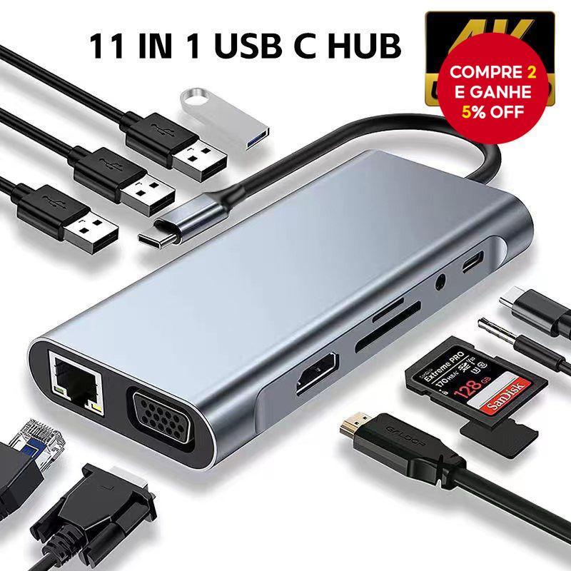 Estação de acoplamento USB C 11 portas HUB 4K Adaptador compatível com HDMI USB Tipo C Hub Divisor para PC Laptop