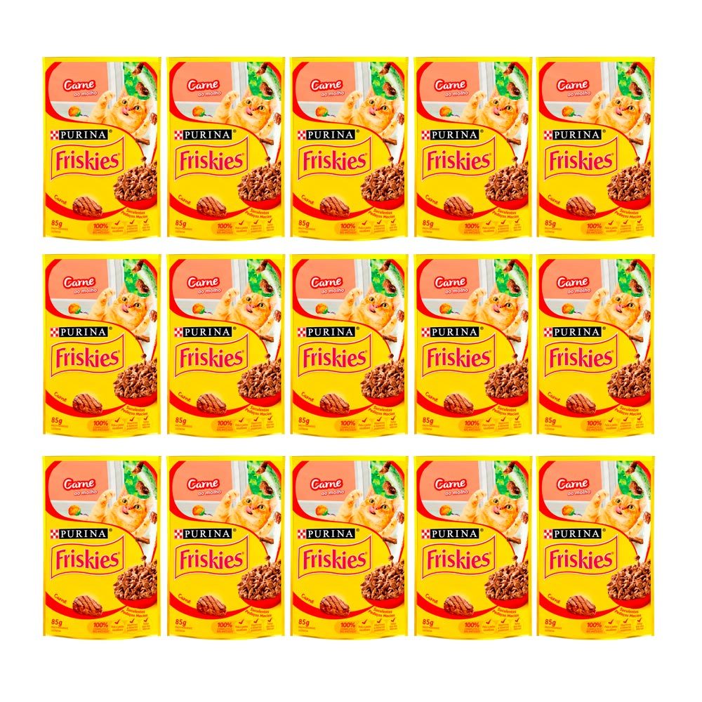 Kit 15 Ração Úmida para Gatos Friskies Adultos Sabor Carne ao Molho em Sachê 85g