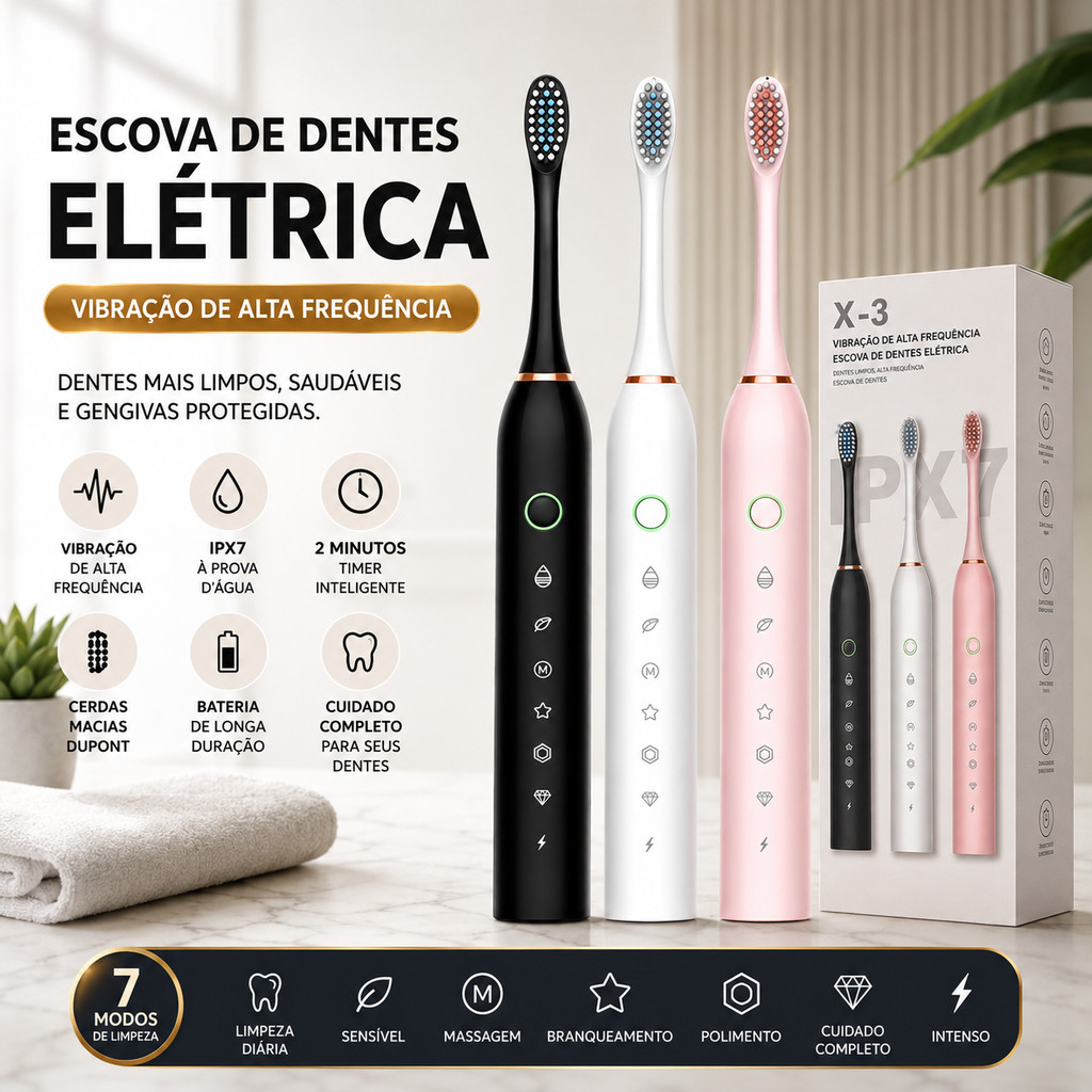 Escova de Dentes Elétrica Sônica Recarregável IPX7 7 Modos Clareamento Dental Kit Individual Casal Família Preto Branco