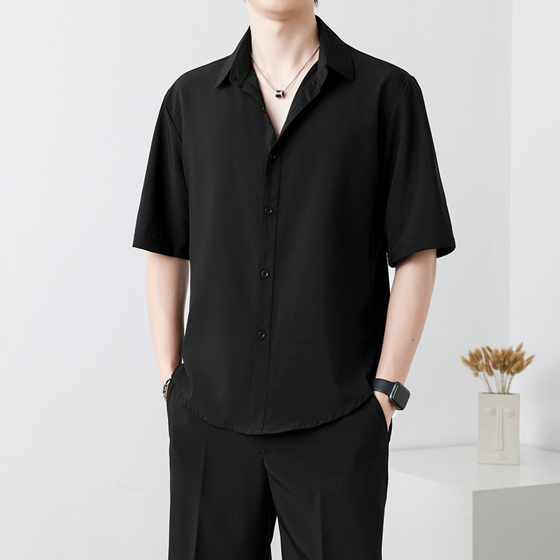 Verão gelo seda fina camisa de manga curta masculina estilo Hong Kong na moda negócios Casual meninos High-End preto mei
