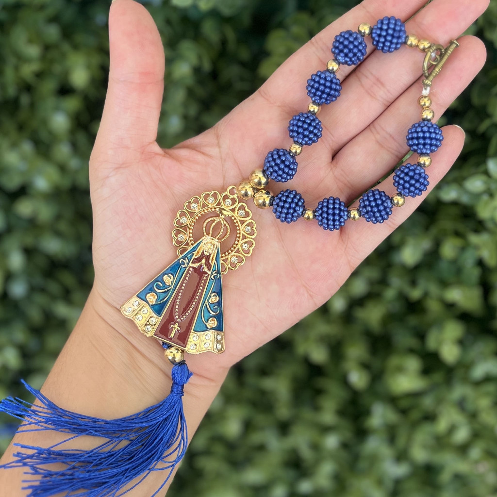 Terço Dezena de Nossa Senhora Aparecida Amora Azul Retrovisor de Carro Metal
