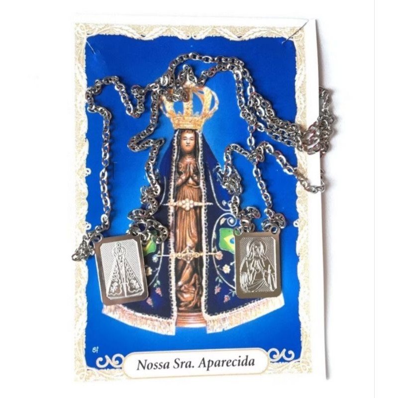 Escapulário Católico 60cm Em Aço Inox Banhado a Prata 925 *Não Escurece*Nossa Sra Aparecida Todos Os Santos*