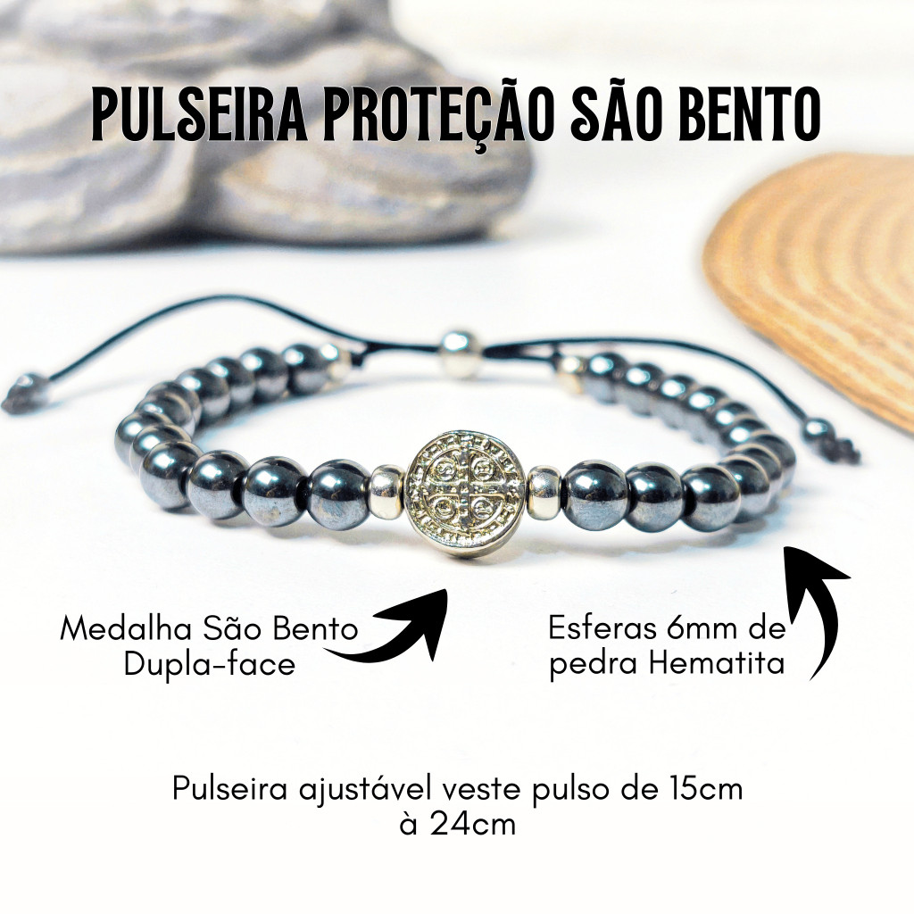 Pulseira Hematita São Bento proteção forte pulseira ajustável de hematita e medalha dupla face de São Bento