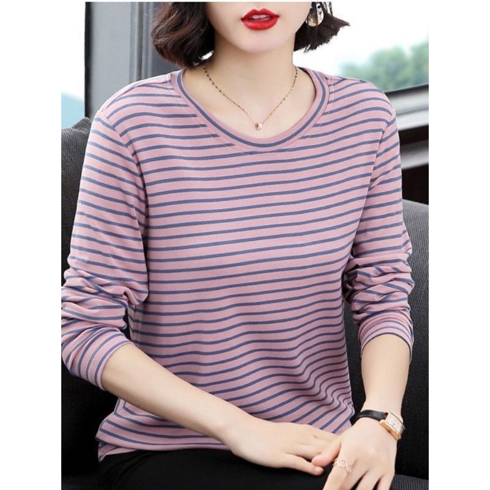 Novo estilo primavera mais gordura plus Size solto listrado camiseta pequena camisa de manga comprida mãe de meia-idade 