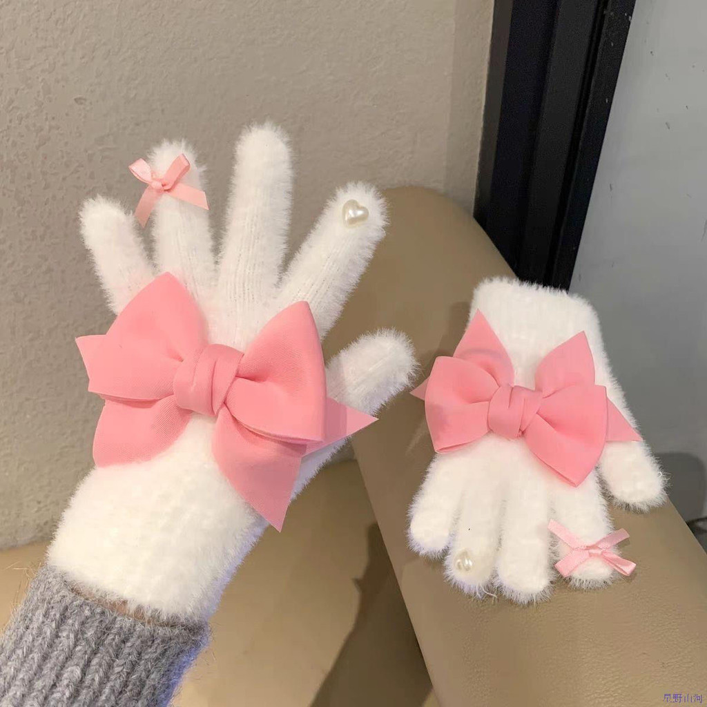 Novo estilo arco luvas de inverno de alto valor feminino bonito estilo princesa pelúcia quente à prova de frio estudante