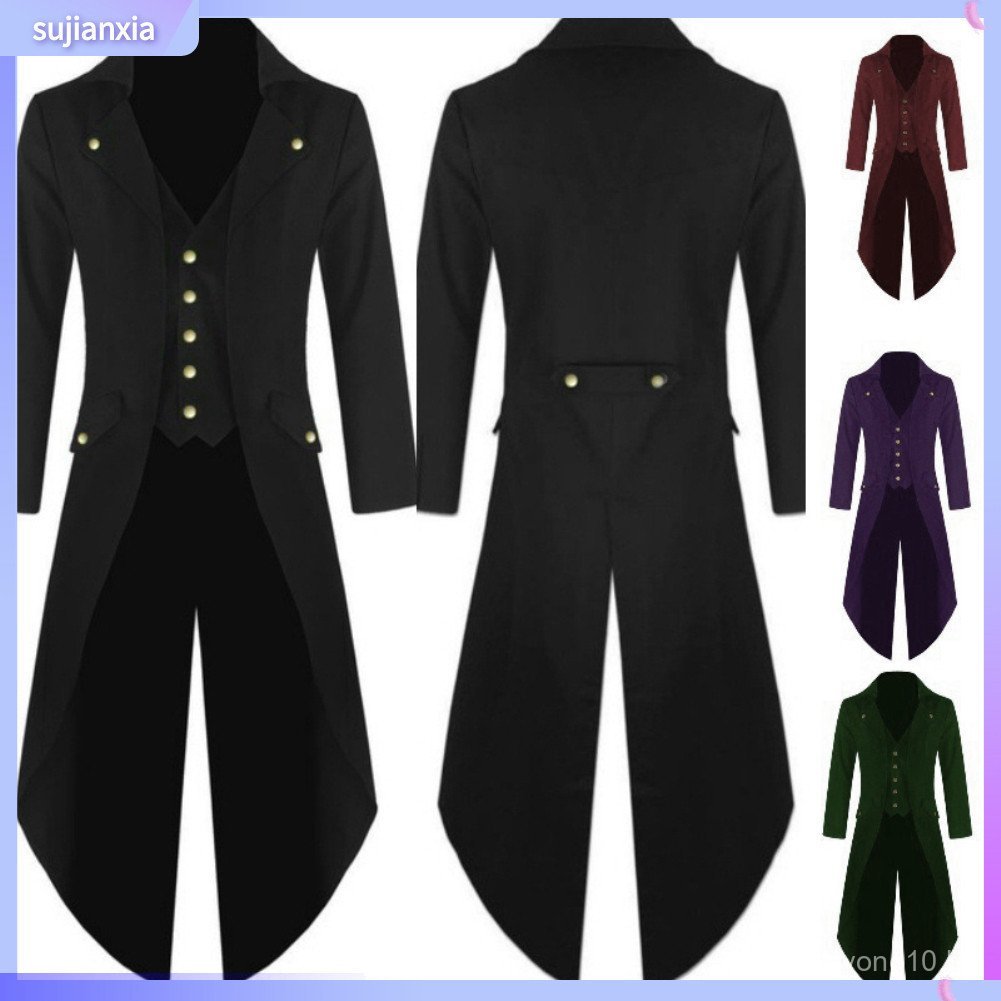 [sujianxia] Traje Medieval Renascentista Masculino Cosplay Cor Sólida Longo Smoking Uniforme Casaco .