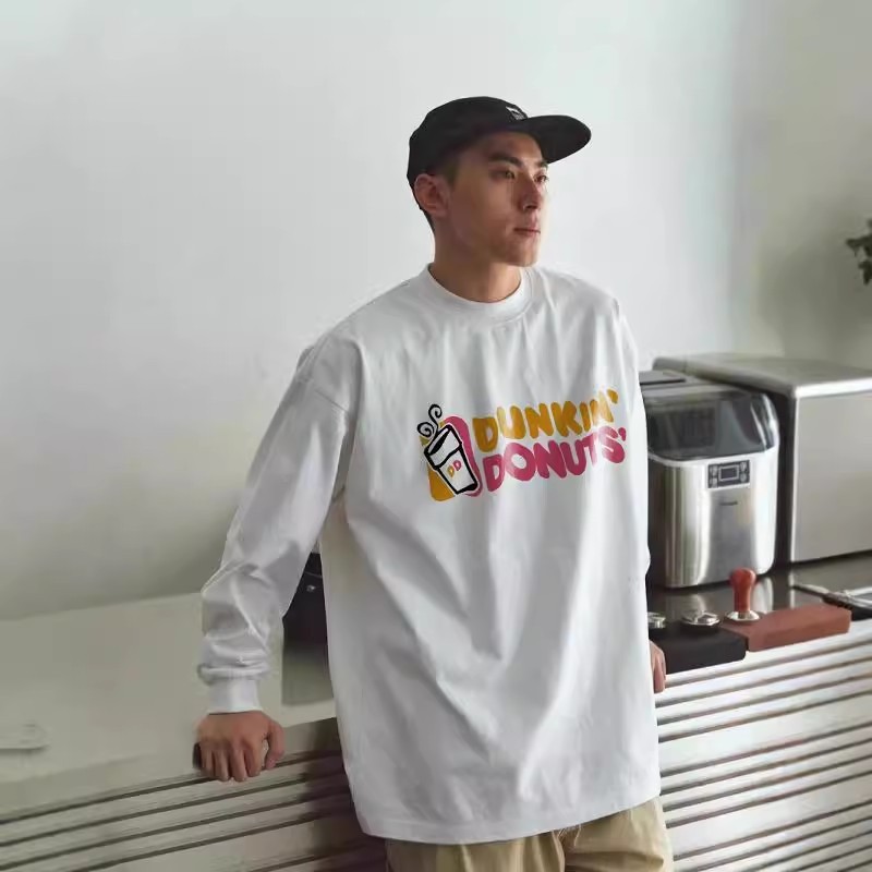 Americano pesado 260g puro algodão carta impressa manga comprida camiseta masculina outono Hip-Hop pequeno decote na mod