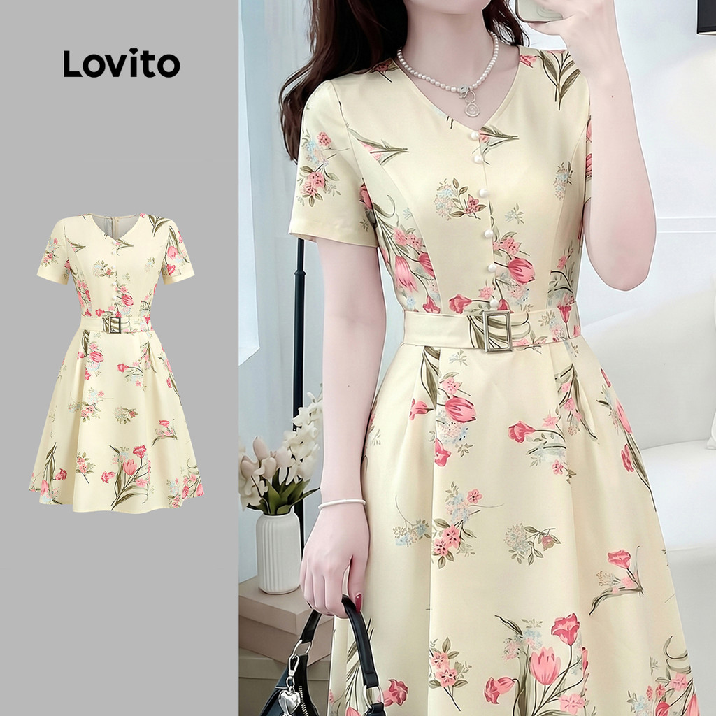 Lovito Vestido Elegante com Botões Frontais e Estampa com Cinto para Mulheres primavera/verão LK6EDD197