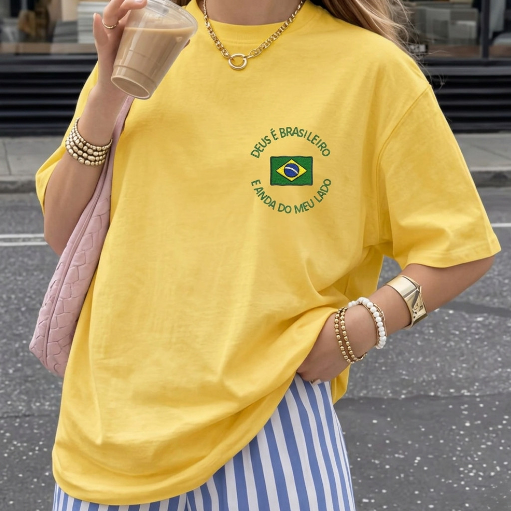 Camiseta Feminina Deus é Brasileiro 100% Algodão Brasil