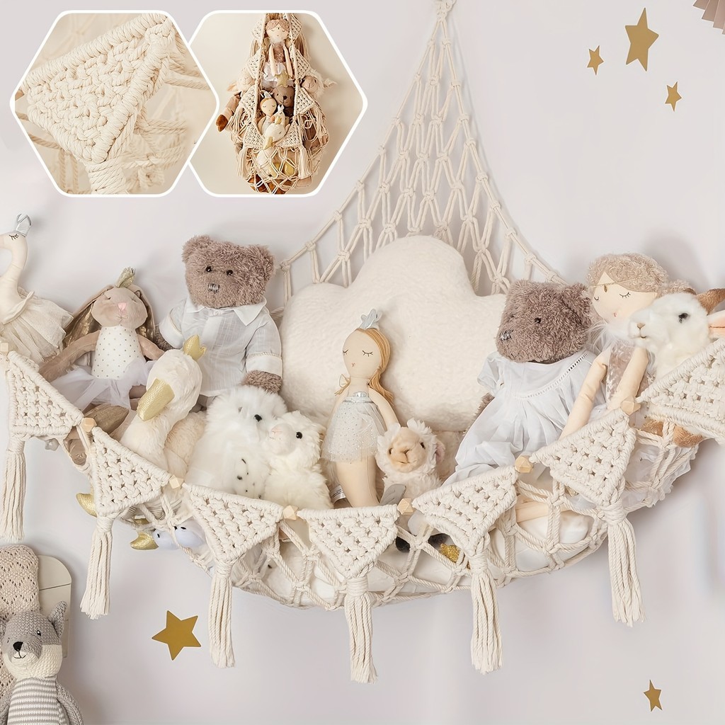 Grande Rede De Brinquedo De Pelúcia Macrame , Armazenamento De Brinquedos Tecido Boêmio , Organizador De Suspensão De Pa