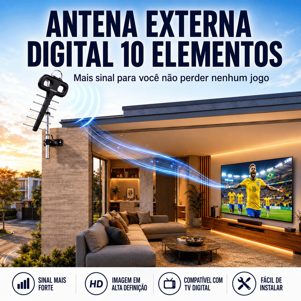 Antena Digital Externa Para TV HDTV UHF VHF 10 Elementos Cabo 10Metros Exbom