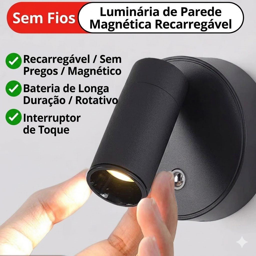 Luminária LED Magnética Sem Fio Recarregável Arandela de Parede Abajur de Cabeceira Quarto Leitura 3 Cores USB
