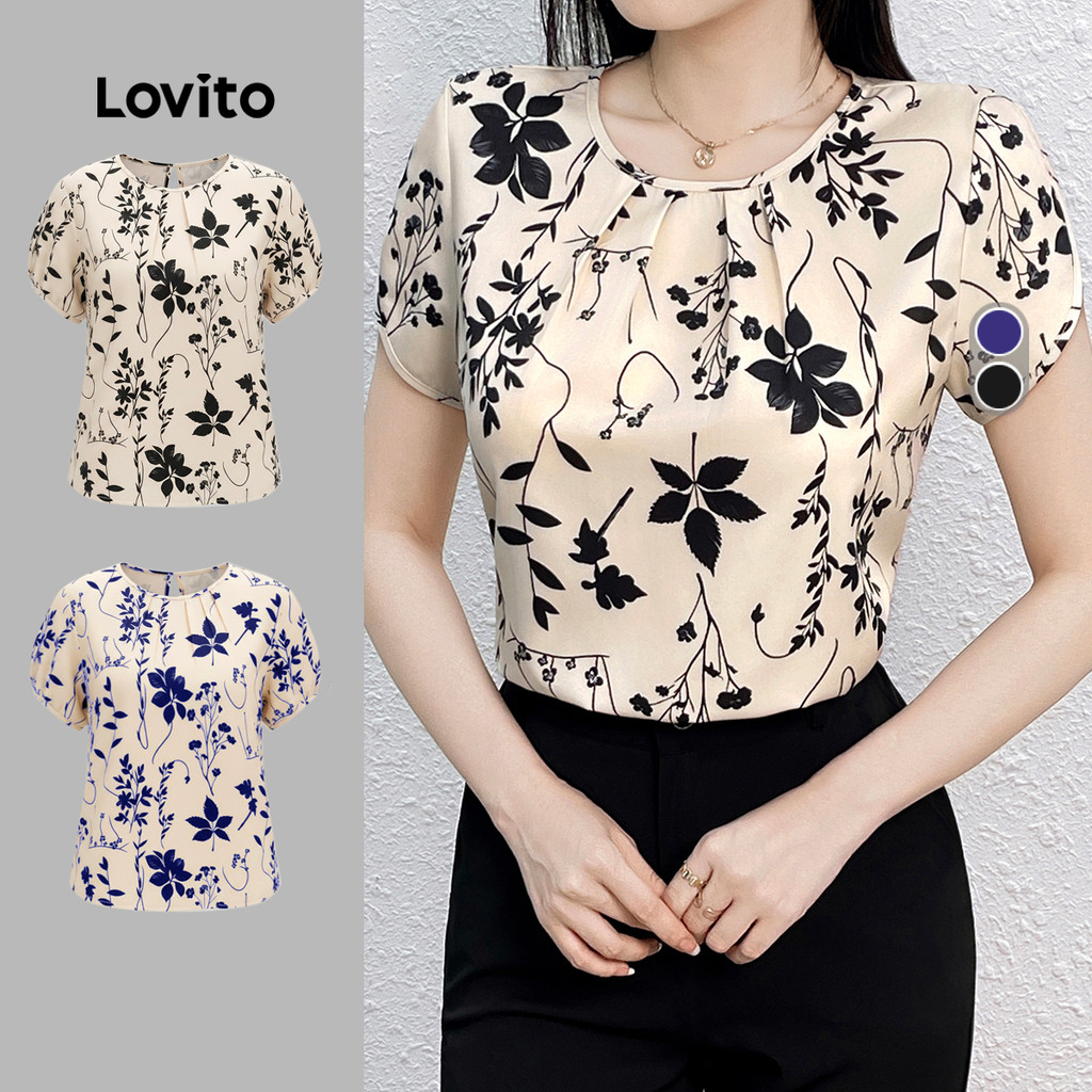 Lovito Elegante Blusa Feminina com Flores Franzida Primavera/verão Blusas Femini