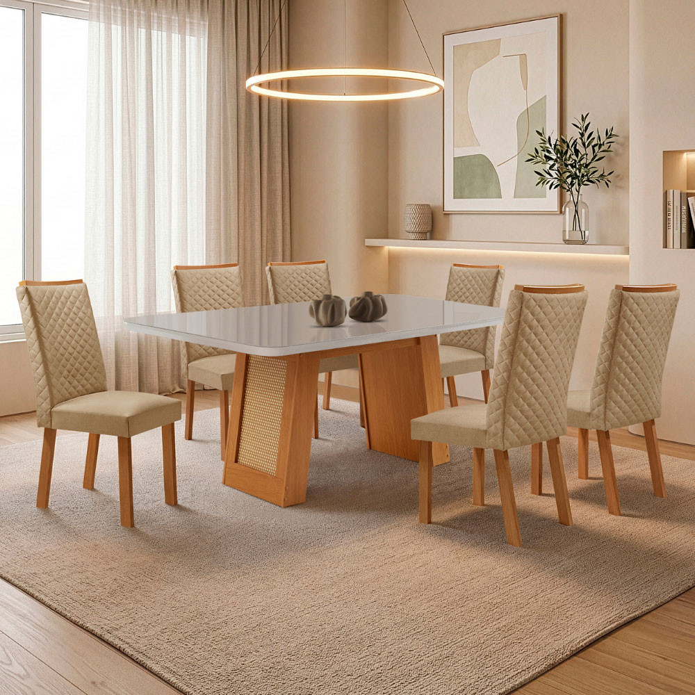 Mesa de Jantar Carolina 180cm Tampo MDF e Vidro Canto Copo com 6 Cadeiras Lira