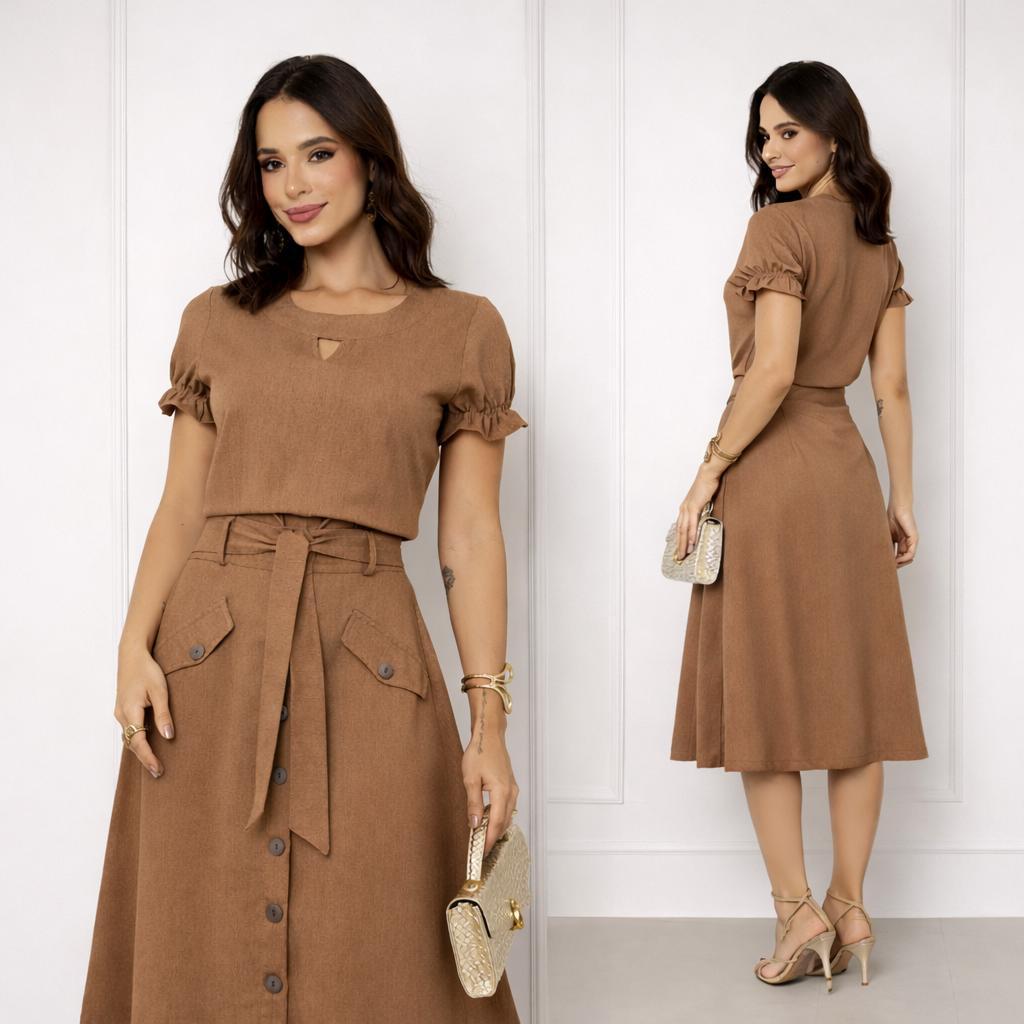 Conjunto Saia e Blusa Feminino em Linho Premium com Cinto Forrado Botões Madeirados Moda Evangélica Chic Sem bolsos