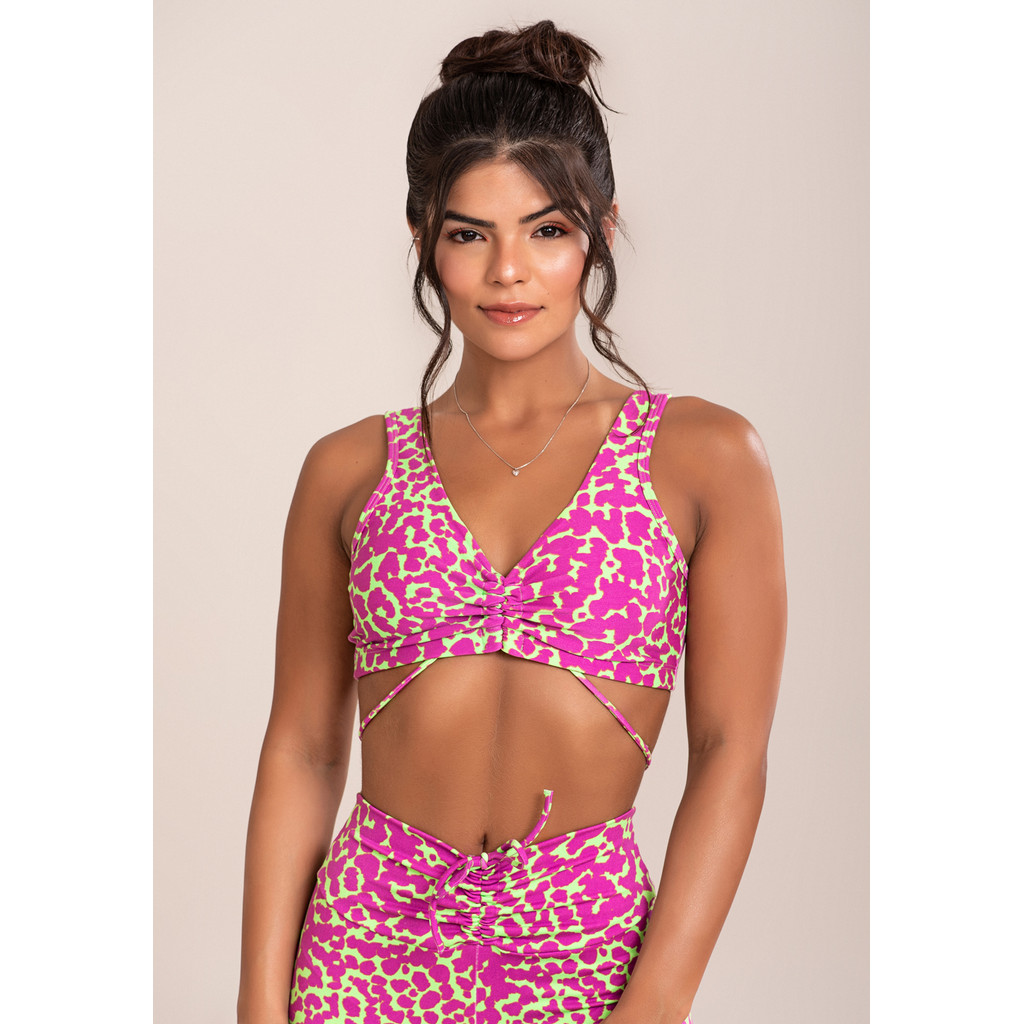 TOP FITNESS FEMININO EUPHORIA COM FRANZIDO E AMARRAÇÃO ESTAMPA DLK