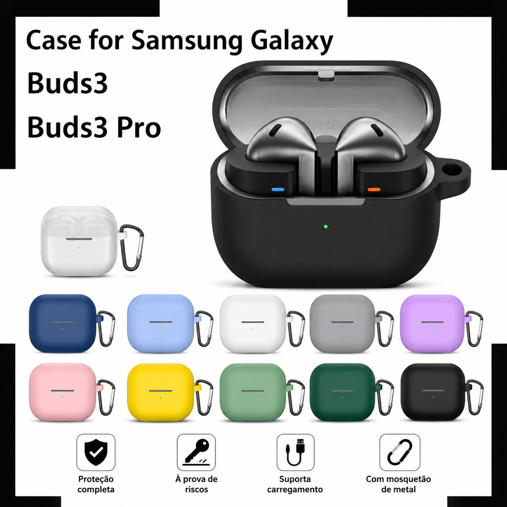 Capa Case Capinha Silicone para Samsung Galaxy Buds 3 / Buds 3 Pro (2024) com Gancho | Anti Impacto Proteção Total