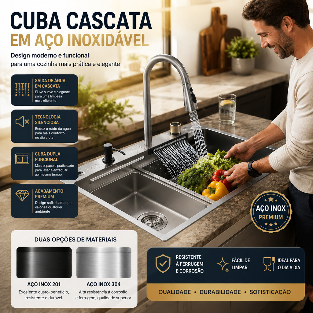 Kit Cuba Cozinha Gourmet Inox 304 75x45cm Multifuncional Inteligente com Cuba Cascata e Torneira Lavador de Copos