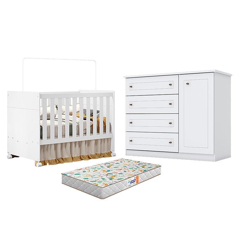 Berço Americano Katatau Branco Acetinado – Reller e Cômoda Infantil Americano Branco HP e Colchão Gazin - Henn
