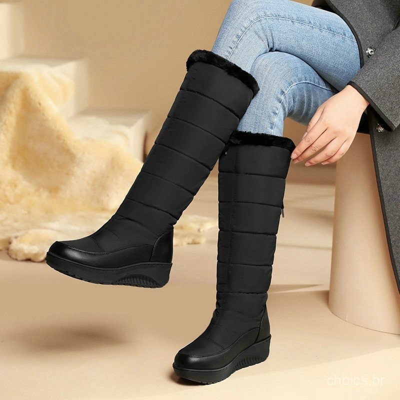Botas de neve femininas de algodão impermeáveis para o inverno, cano médio, bico redondo, sola grossa, forradas com pelú