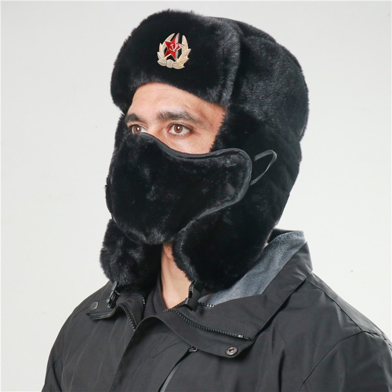 Chapéu de piloto com distintivo do exército soviético, unissex, russo, chapéu Ushanka, pele sintética de coelho.