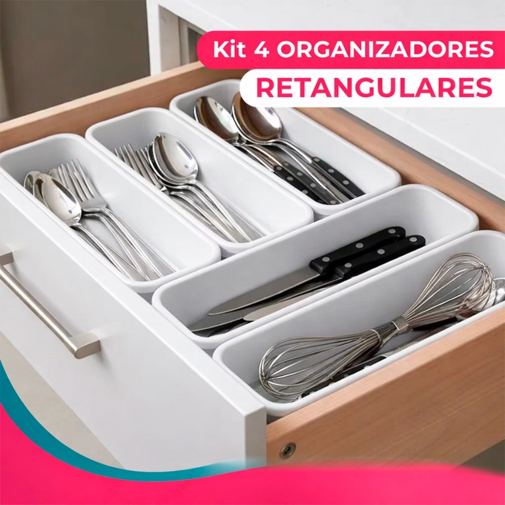 Organizador De Gavetas Porta Talheres Cozinha Utensílios Kit 4 Peças Multiuso Armário Branco