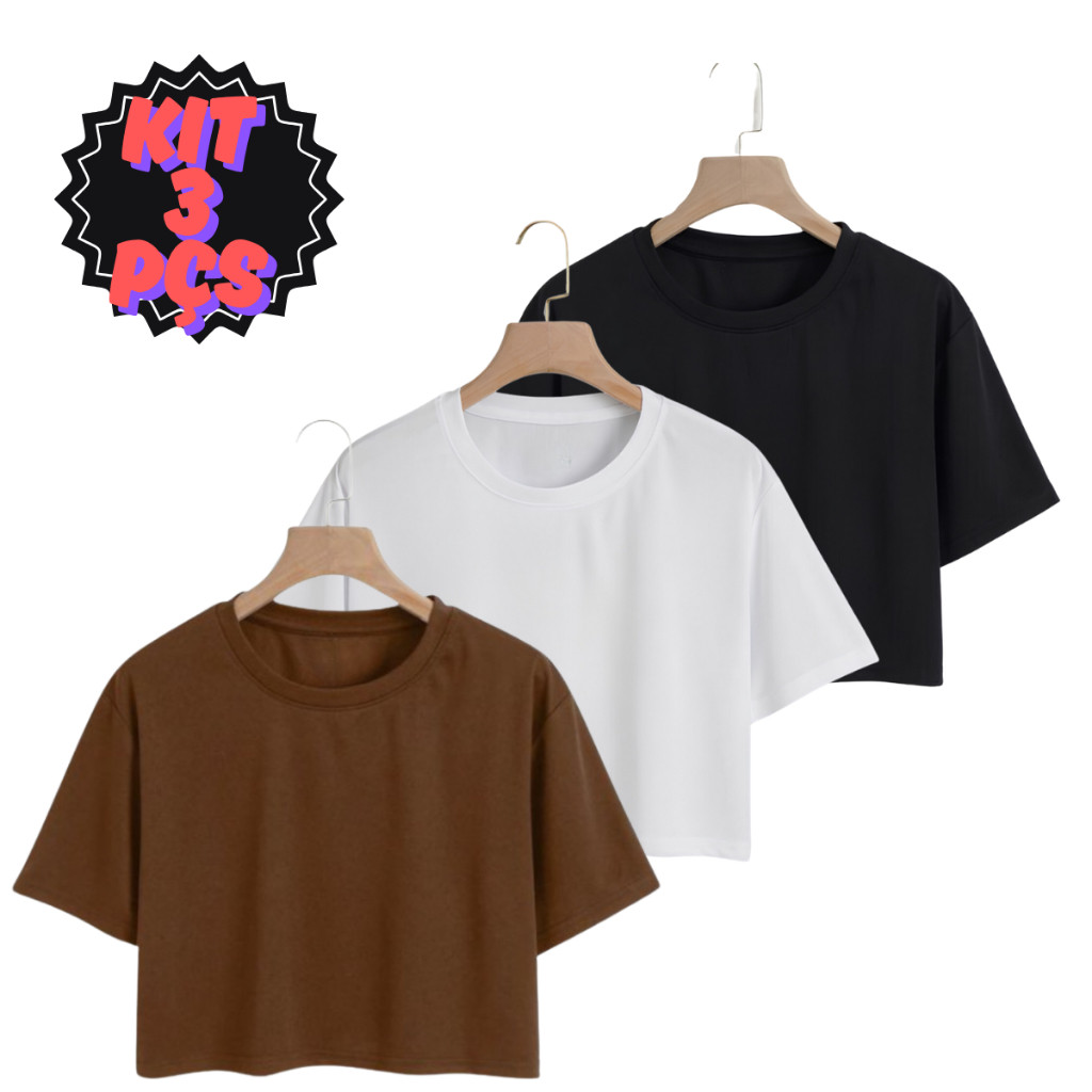 Kit 3 Blusa Cropped Feminina Larguinho Oversized T-Shirt Básica Liso Algodão Blusinha de academia Basica Sem Estampa