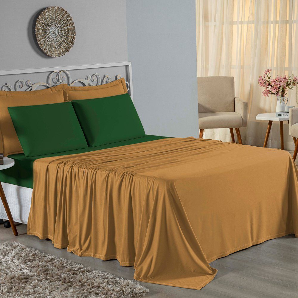 Jogo de Cama Solteiro Nobre 3 Peças Lençol com Elástico de 30cm de Altura Malha 100% Algodão - Cobre / Verde-Bandeira