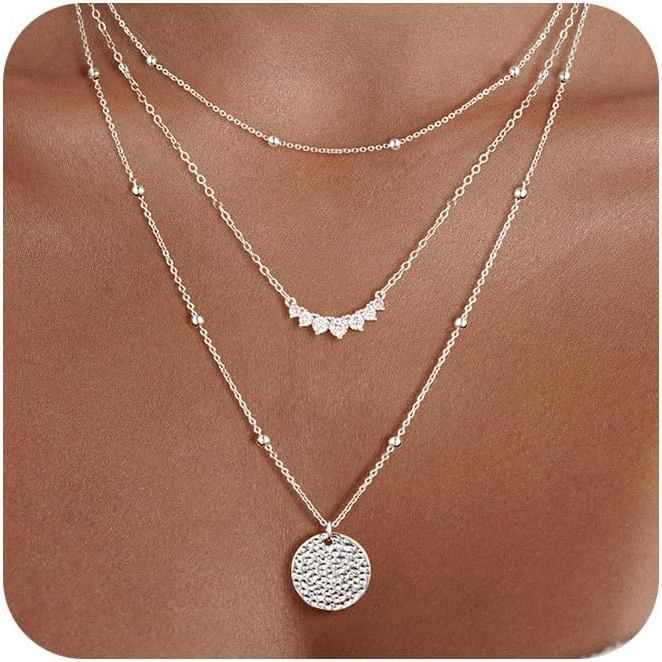 Colares em Camadas de Ouro/Prata para Mulheres, Colares Delicados Banhados a Ouro 14k Empilháveis para Mulheres, Conjunt