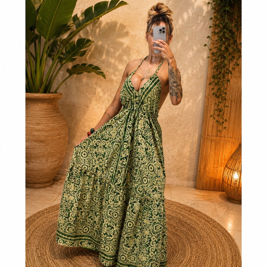 Vestido Indiano de Seda Longo Boho Chic estampado Hippie Chic Baju India com ajuste de regulagem veste ate um Plus size