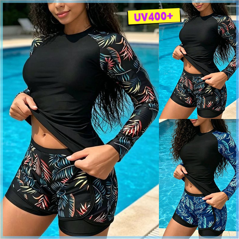 Maiô de praia feminino UV400, com proteção UV, roupa de proteção solar de mangas compridas, conjunto de surf de duas peç