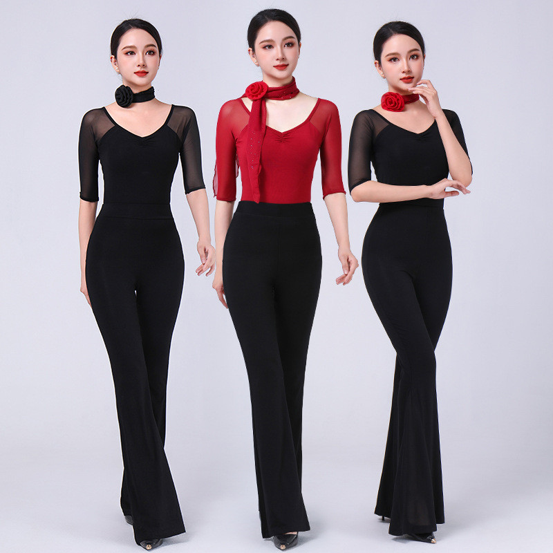 Bodysuit de dança de verão com decote em V roupas de treinamento corporal feminino calças largas etiqueta instrutor prát