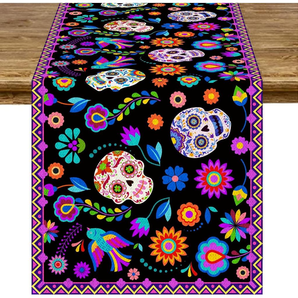 Caminho de Mesa Mexicano para Festa do Cinco de Maio, Caveira Mexicana, Linho, Caminho de Mesa para o Dia dos Mortos, De