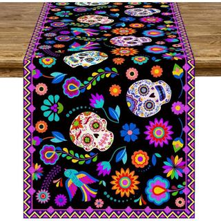 Caminho de Mesa Mexicano para Festa do Cinco de Maio, Caveira Mexicana, Linho, Caminho de Mesa para o Dia dos Mortos, De