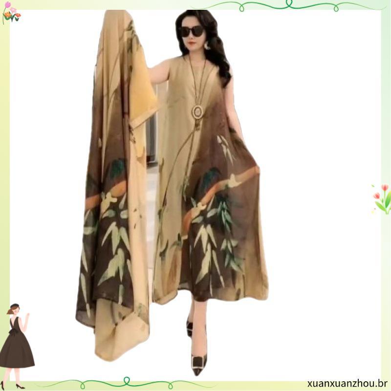 Conjunto de Vestido de Seda Duas Peças Elegante Floral Tamanho Grande Casual Praia Vintage Estilo Longo Mãe 2023 Verão N