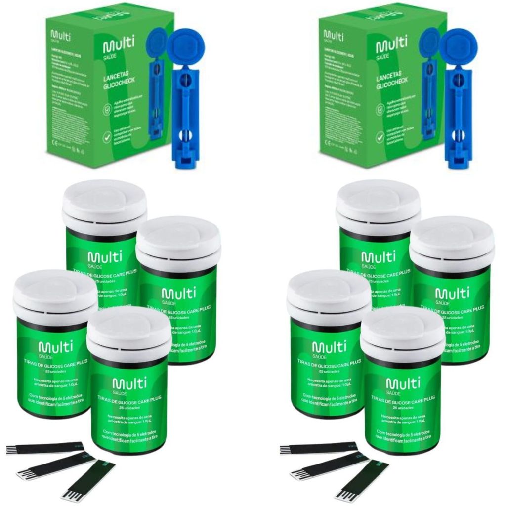 KIT 200 TIRAS DE GLICOSE + 200 MICROLANCETAS - MULTI SAÚDE