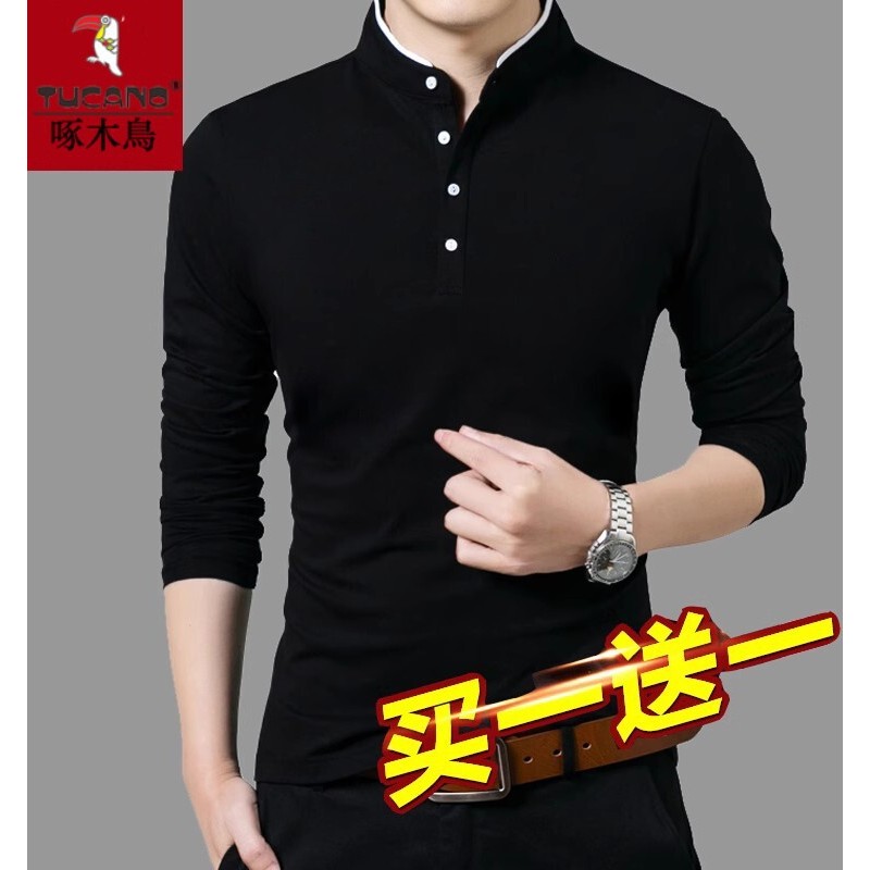 Woodpecker novo estilo primavera outono manga comprida camiseta masculina gola alta puro algodão camiseta camisa de fund
