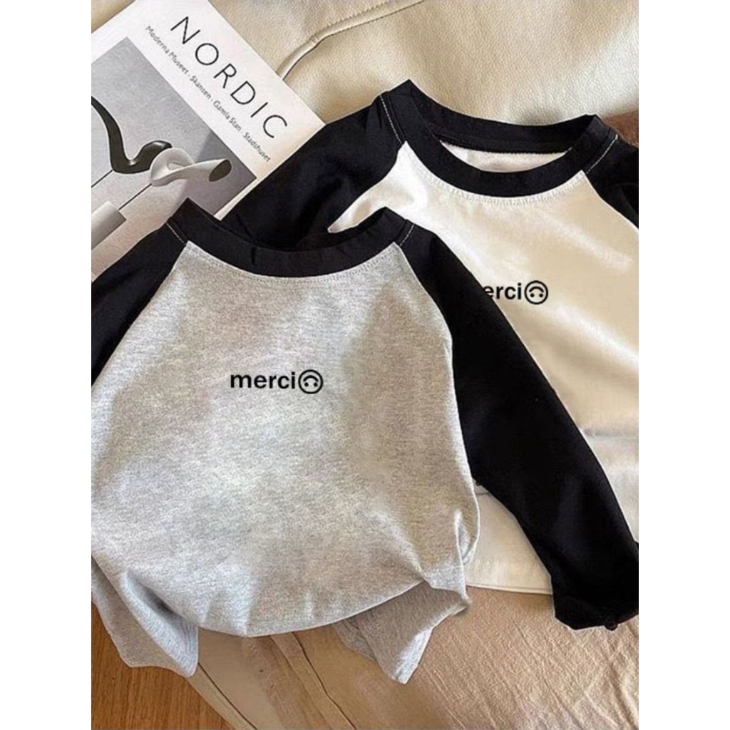 Costura contraste cor manga comprida camiseta crianças versão coreana roupas camisa de fundo primavera outono estilo fin