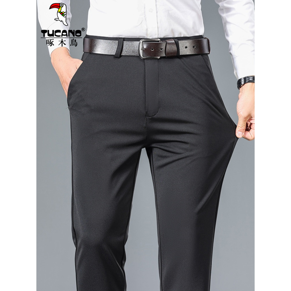 Woodpecker calças masculinas genuínas primavera outono novo estilo calças casuais masculinas estiramento negócios calças
