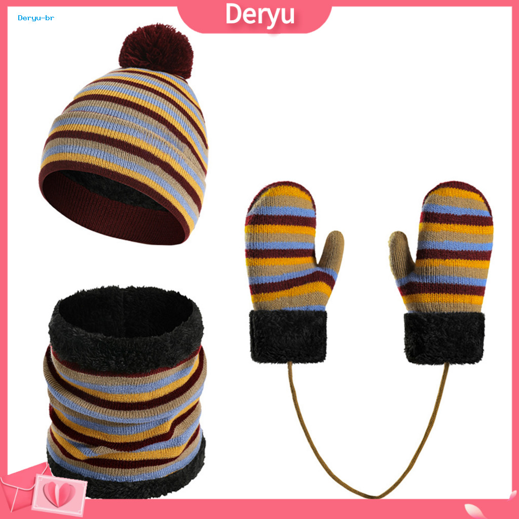 Warm Hat Scarf Glove Combo Kids Gloves Set 3pcs Winter Striped with Anti-lost Rope Breathable Cold Weather Gear for Boys