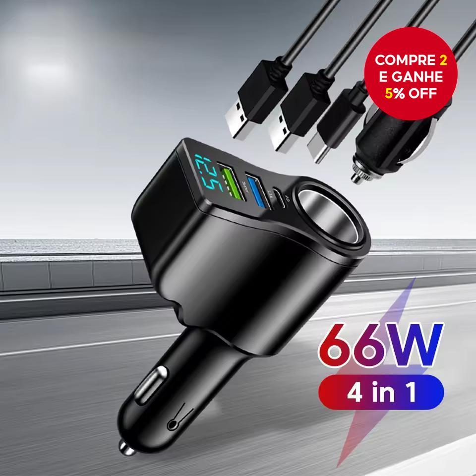  66W 4 Portas multifuncionais para isqueiro de carro Adaptador de alimentação 3.1A Carregador rápido para carro com PD