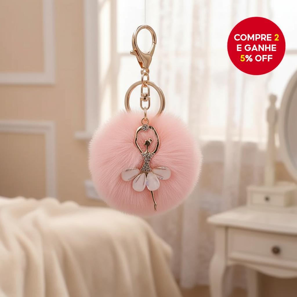 Chaveiro Charme Bailarina - Design de Anjo de Cristal com Pompom de Pelúcia de Coelho Sintético - Acessório de Carro