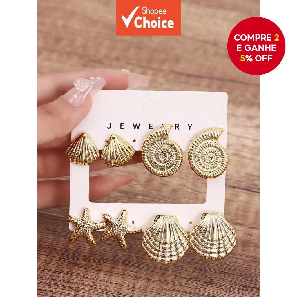 4 Pares de Brincos de Estrela do Mar e Concha Banhados a Ouro, Conjunto de Brincos CCB, Estilo Boho, Acessórios de