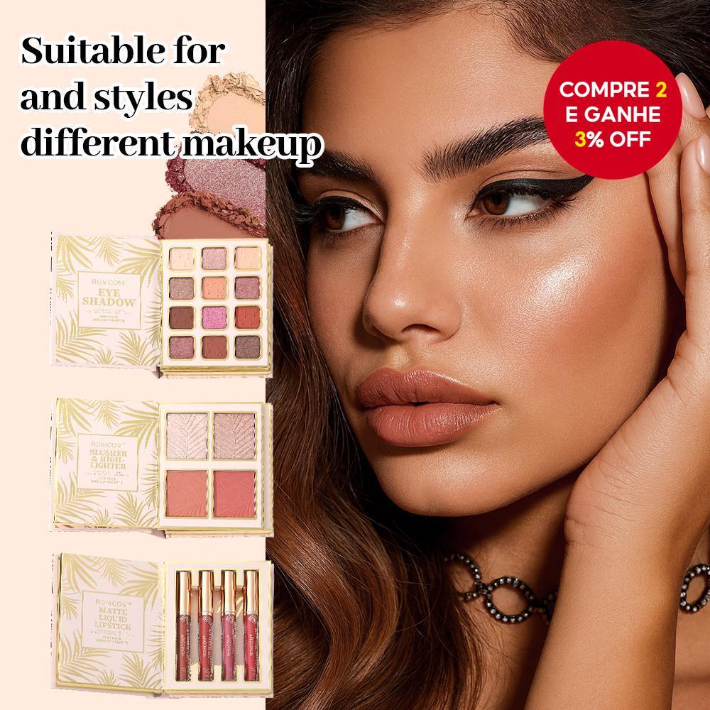 Um livro de maquiagem completo contendo sombras para os olhos, contorno, blush e gloss labial. É um conjunto completo