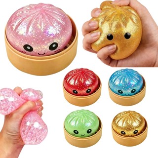 8.5 Cm Glitter Bun Squishy Toy Com Cesta De Vapor Bolinho Stress Relief Squeeze Ball Fidget Bola De Descompressão Brinqu