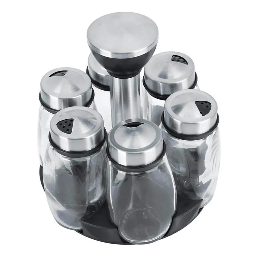 Porta Tempero Condimentos Giratorio Aço Inox Vidro 6 Potes 100ml 3 Furos Cozinha Mesa Bancada Restaurante Casa
