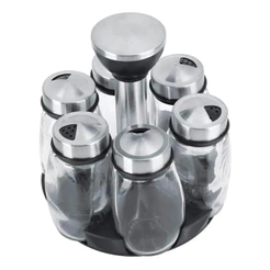 Porta Tempero Condimentos Giratorio Aço Inox Vidro 6 Potes 100ml 3 Furos Cozinha Mesa Bancada Restaurante Casa